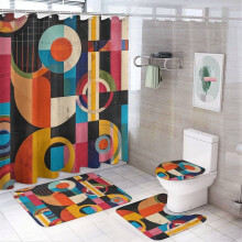 Juego de cortinas de ducha con diseño retro de los años 60 (4 piezas) – Alfombras antideslizantes, tapete para inodoro, tapete para tapa de