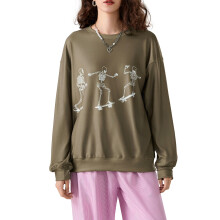 (L, Coffee) Women's Halloween Sweatshirts Skateboard Skeleton Print Long Sleeve Oversized Pullover Tops