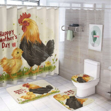 Happy Mother's Day Duschvorhang-Set mit Hühnermotiv (4-teilig) – Wasserdicht, rutschfest, U-förmig, mit Duschvorhang, Teppich und WC-Deckelbezug