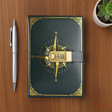 Agenda A5 Classic con password e chiusura a chiave, con design a bussola, similpelle, carta anti-trasparenza da 80 g, segnalibro e portapenne,