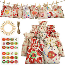 Bolsas de regalo navideñas festivas con cordón, paquete múltiple de artículos para fiestas con material de arpillera.