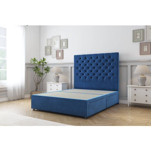 Sloomy Mayfair Navy Plush Divan Bed Base 2 Drawers Same Side With 26" Strutted Headboard 4' Small Double
