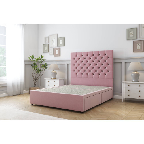 Sloomy Mayfair Pink Plush Divan Bed Base 2 Drawers Same Side With 26" Strutted Headboard 4' Small Double