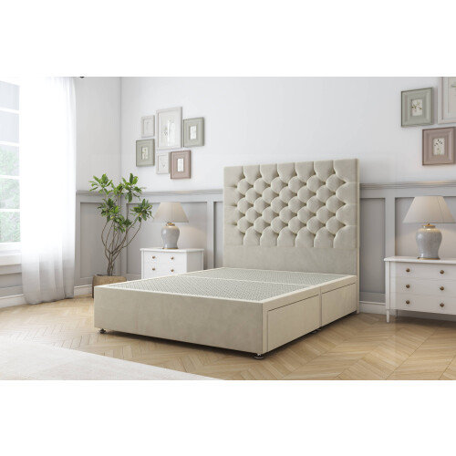 Sloomy Mayfair Cream Plush Divan Bed Base 2 Drawers Same Side With 26" Strutted Headboard 4'6 Double
