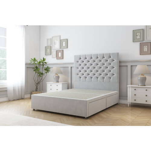 Sloomy Mayfair Silver Plush Divan Bed Base 2 Drawers Same Side With 26" Strutted Headboard 4' Small Double