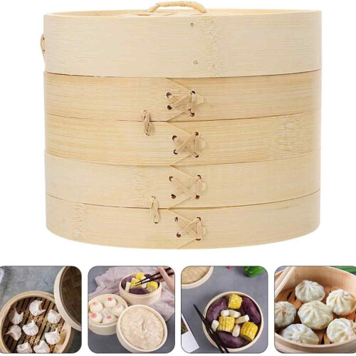 Efficient Two Tier Steaming Solution, Steaming Dimsum And Dumplings With Ease, Bamboo Steamer Featuring Integrated Lid For Simultaneous Cooking, Cook 1
