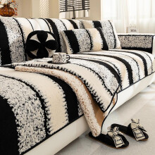 (Black, Armrest 70 * 70cm/27.6 * 27.6inch) Striped Pattern Faux Fur Sofa Cover, Sofa Couch Covers, 1 Count Modern Simple Soft Comfortable