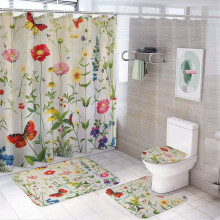 Juego de 4 piezas con cortina de ducha de mariposas y flores, alfombra, funda para tapa de inodoro y tapete de baño – Decoración vintage de