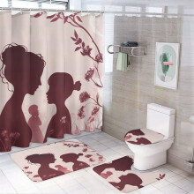 4-delers dusjforhengsett med teppe, toaletttrekk og U-formet matte – rosa hjerter/blomster, morsdagsgave til mamma, kompatibel med Standard