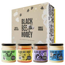 Black Bee Honey Gift Set - x4 227g British Honey Pack, Creamy Light Spring, Runny Floral Summer, Bold Aromatic Autumn and Herbal Winter, Delicious
