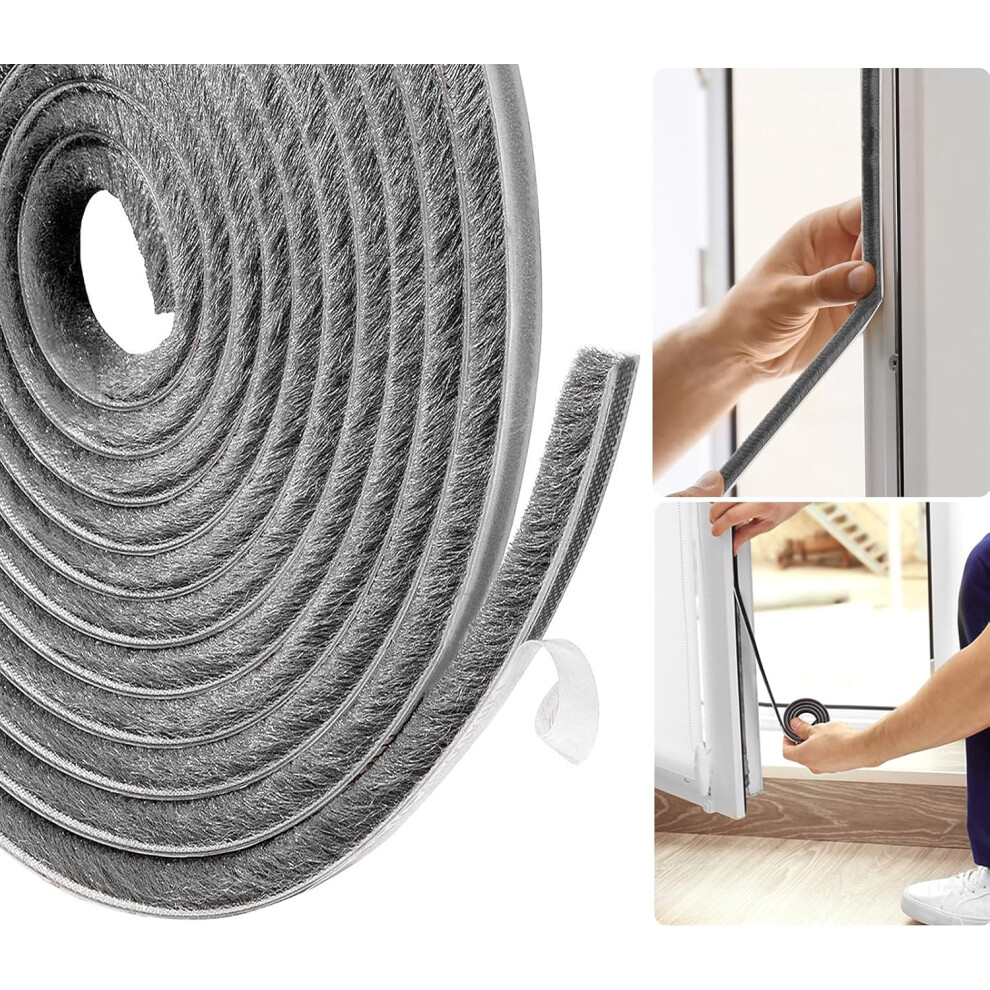 Yao96266 5M Draft Excluder, Door Draught Seal, Self-Adhesive Brush Seal Strip Air Stopper For Doors, Window- Grey 9Mm X 5Mm 4055695006796