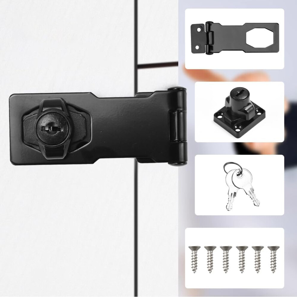 Yao96266 4 Inch Black Hasp Lock Heavy Duty Shed Lock Twist Knob Keyed Locking Hasps Safety Door Clasp Gate Locks With Key For Cabinets Cupboard 4055695007274