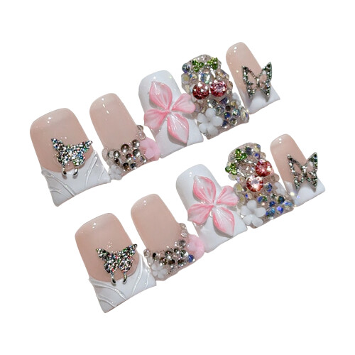 (XS) 10 Ongles Press-on, Nu & Blanc, Durables 2