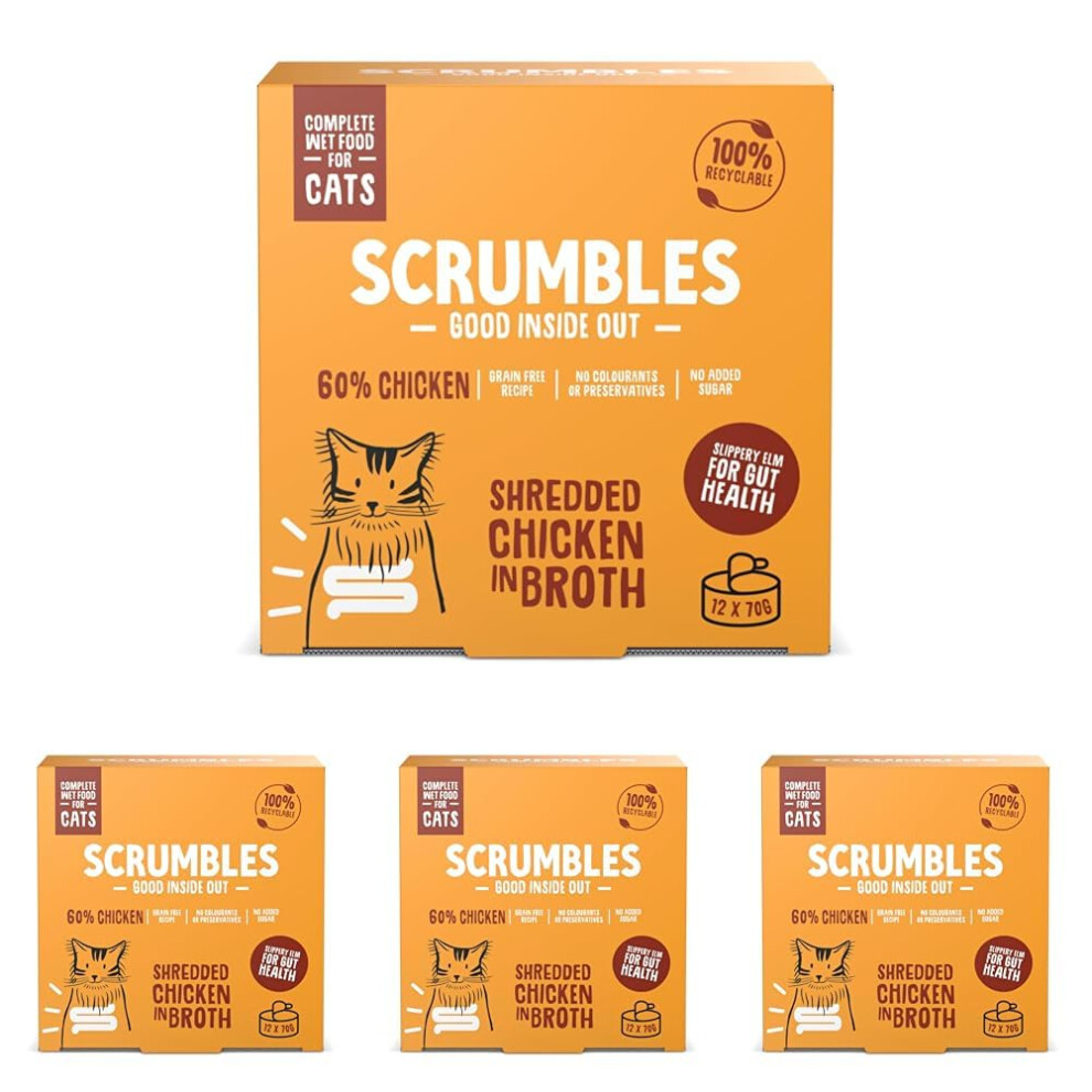 Scrumbles Natural Wet Cat Food, Shredded Chicken In Broth 12X 70G (Pack Of 4)