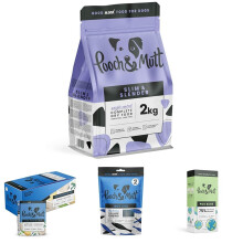 Pooch & Mutt Weight Loss Bundle: Slim & Slender Dry Dog Food 2kg, Fish, Potato & Pea Wet Dog Food (12x375g), Cod Hide Chew Treat (90g, 2 chews), 120