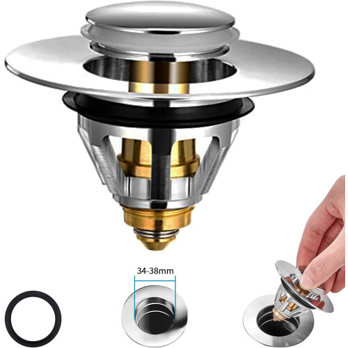 yao96266 Sink Plug, Bathroom Pop Up Sink Plug Replacement Spring Core Copper, Universal Bath Plug Brass Bounce Core Push Type Silver 34-38MM