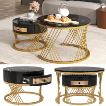 (70x70x45.5+50x50x38.5cm, black)Round coffee table with marble-patterned veneer and gold-plated iron legs