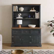 Corona Charcoal 3 Door Dresser Display Cabinet Solid Wood Pine Dark Grey