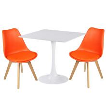 (Orange Chairs) Charles Jacobs White Square Ceramic Dining Table & 2 Tulip Design Chairs Dining Set Seat Dinner Kitchen