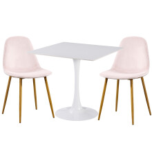 (Pink Velvet Chairs) Charles Jacobs White Square Ceramic Dining Table & 2 Designer Chairs Dining Set