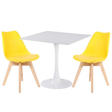 (Yellow Chairs) Charles Jacobs White Square Ceramic Dining Table & 2 Tulip Design Chairs Dining Set Seat Dinner Kitchen