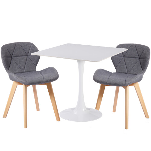 Charles Jacobs (Grey Fabric Chairs) Charles Jacobs White Square Ceramic Dining Table & 2 Diamond Chairs Dining Set Seat Dinner Kitchen