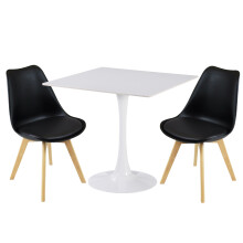 (Black Chairs) Charles Jacobs White Square Ceramic Dining Table & 2 Tulip Design Chairs Dining Set Seat Dinner Kitchen