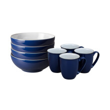 Denby - Elements Coffee Mug & Cereal Bowl 8 Piece Set - Dark Blue Dishwasher & Microwave Safe Stoneware - 4 x 330ml Tea Cups & Cereal Bowls for Soup -
