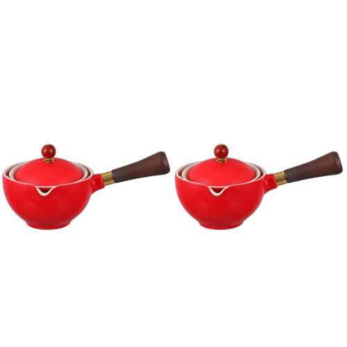 2Pcs Red Ceramic Tea Kettle Household Use Long Handle Filter Teapot 1