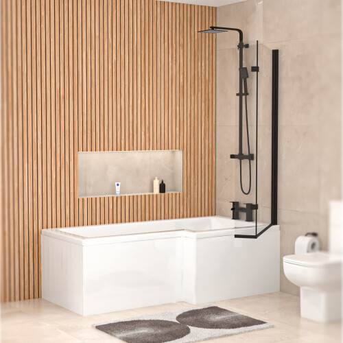 NES Home Nes Home 1700mm x 850mm  Right Hand L Shaped Bath, Panel, Screen Matte Black 1