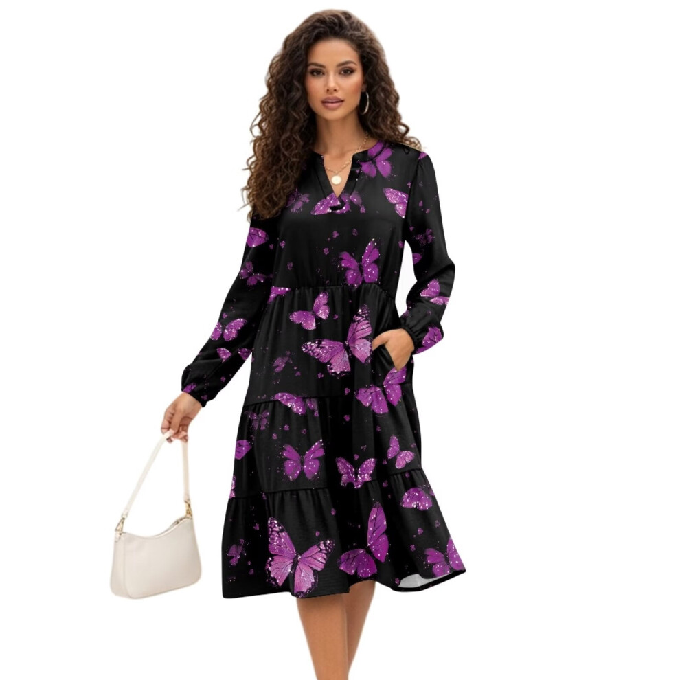 Purple Butterfly Patchwork V-Neck Midi Dress For Women 939152648283