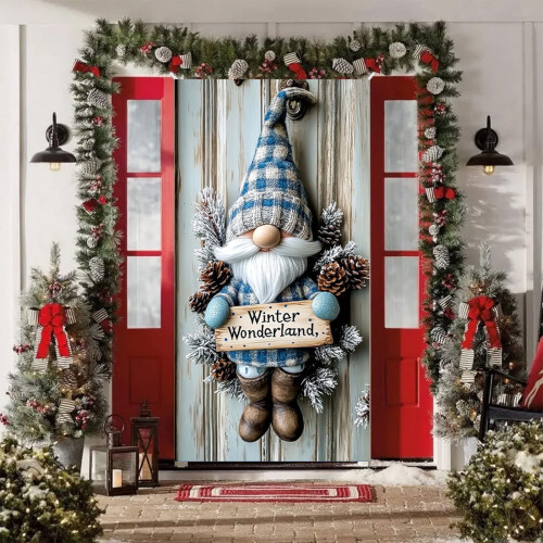 Χριστουγεννιάτικο κάλυμμα πόρτας Gnome 71x35", μπλε καπέλο banner, συμβατό με φόντο