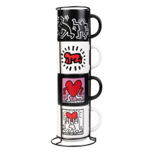 Grupo Erik Mugs Set of 4 - Keith Haring | Stacking Mugs with Stand 10.8 oz - 300ml Coffee Cups Espresso | Graffiti Art Gifts for Friends, Cool Gifts