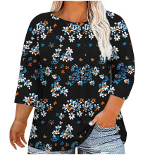 Blusas de mujer de tallas grandes con estampado floral, manga tres cuartos, cuello redondo, estilo túnica elegante e informal.