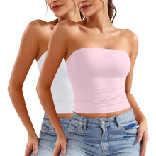 Conjunto de 2 piezas de ropa interior moldeadora para mujer: top tipo tubo sin tirantes con fruncido y sujetador incorporado, color rosa casual,