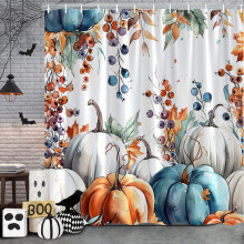 1 kpl Halloween-suihkuverho – kurpitsa ja syksyn lehdet, 71x71", maalaistyylinen, 12 koukkua, konepestävä, oranssi/sininen/valkoinen/ruskea/musta