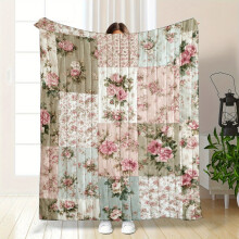 Soft Vintage Floral Quilted Blanket | Patchwork Plaid Flannel Throw in Pink/Blue/Beige | All-Season Cozy Gift for Sofa, Bed, Car, Office, Camping &
