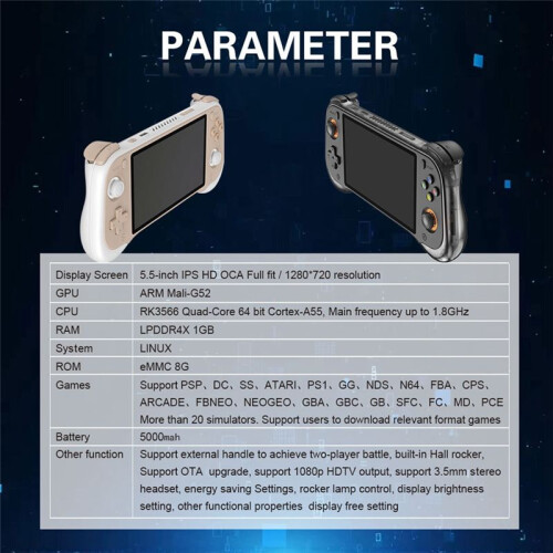 H55 Retro Video Handheld Game Console 5.5inch HD IPS Screen Dual Hall Joystick Game Player Support 20+ Emulators White