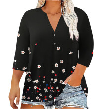 Blusa de mujer de talla grande estilo boho con estampado floral, cuello en V, tipo Henley, con botones, manga 3/4, estilo casual y holgado, ligera
