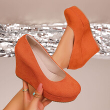 Willtoo Womens Platform Evening Suede Slip On Dress Solid Round Toe Wedge High Heel Pumps Shoes Orange