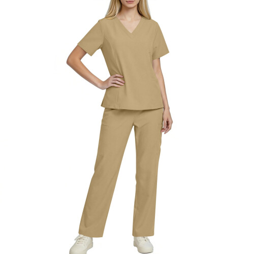 Women's V-Neck Scrubs Top Beige L