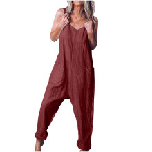 Ærmeløse jumpsuits til kvinder, afslappet, bomulds- og hør, baggy overalls, Y2K, ensfarvet, løs pasform, overalls med indsatte lommer