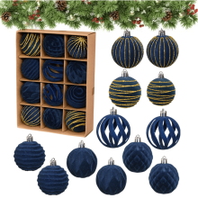 12 Stück 6 cm große, beflockte Samt-Weihnachtskugeln (6 verschiedene Ausführungen, blau) – Kunststoff-Weihnachtsbaumkugeln, kompatibel mit