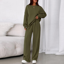 Conjunto casual de otoño para mujer de 2 piezas: sudadera con capucha de manga larga y pantalón ancho, color verde militar, talla XL.