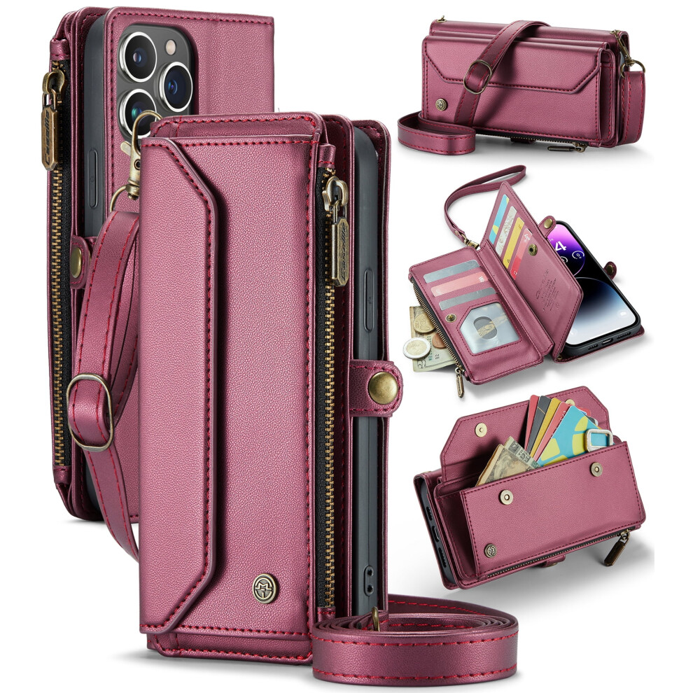 Caseme Leather Wallet Case For Compatible With Iphone 14 Pro Max 6.7" Â Rfid Blocking, 10-Card Holder, Zipper Bills Slot, Magnetic Wrist Strap 9175034776458