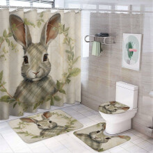 4-Piece Bunny Shower Curtain Set with Rug, Toilet Lid Cover & Bath Mat – Gingham Checkered Easter Farmhouse Decor (72"x72")
