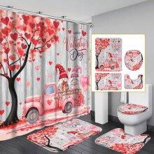 4pcs Valentine's Day Shower Curtain Set w/ Hooks, Non-slip Mat, Toilet Seat & U-shaped Mat – Compatible with Standard Baths