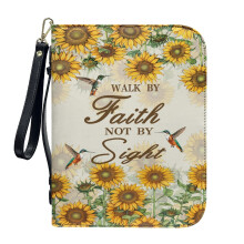 Sunflower Cross Hummingbird PU Leather Bible Case for Women & Men – Lightweight, Walk By Faith Design, Detachable Wristlet Strap