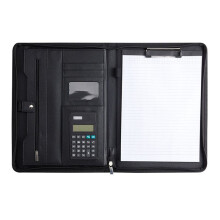 Leather Portfolio Folder with Zipper for Women/Men, Business Padfolio with Handle, Conference Notepad Folder Black
