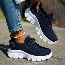Zapatillas deportivas de punto transpirables y ligeras para mujer Willtoo | Zapatos casuales para caminar, diseño blanco de caña baja con cordones
